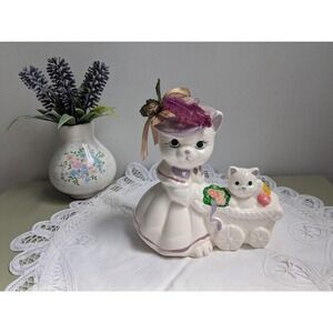 Vintage Kitsch Lady Cat Figurine with Kitten Carriage, Anthropomorphic Cat